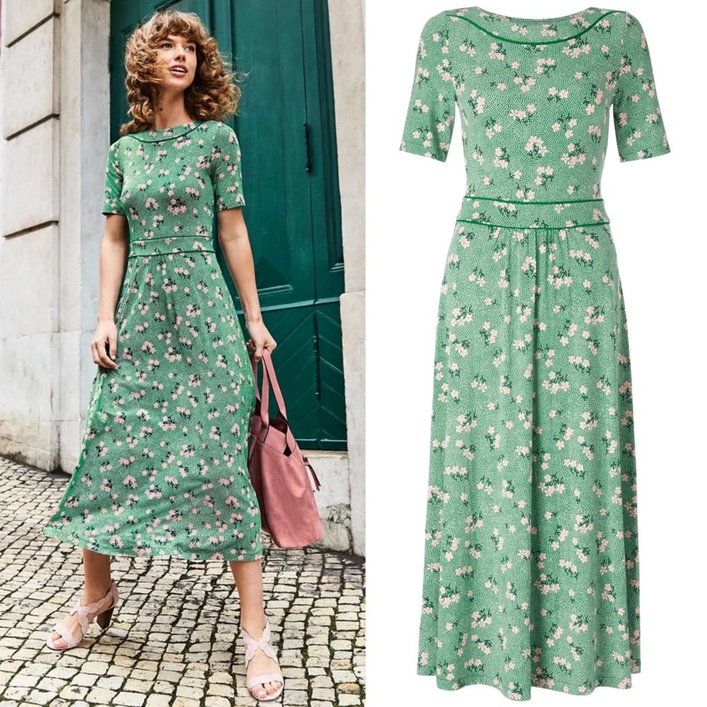 Boden Ava Jersey Midi Dress Green Pink Floral Size 18 Long